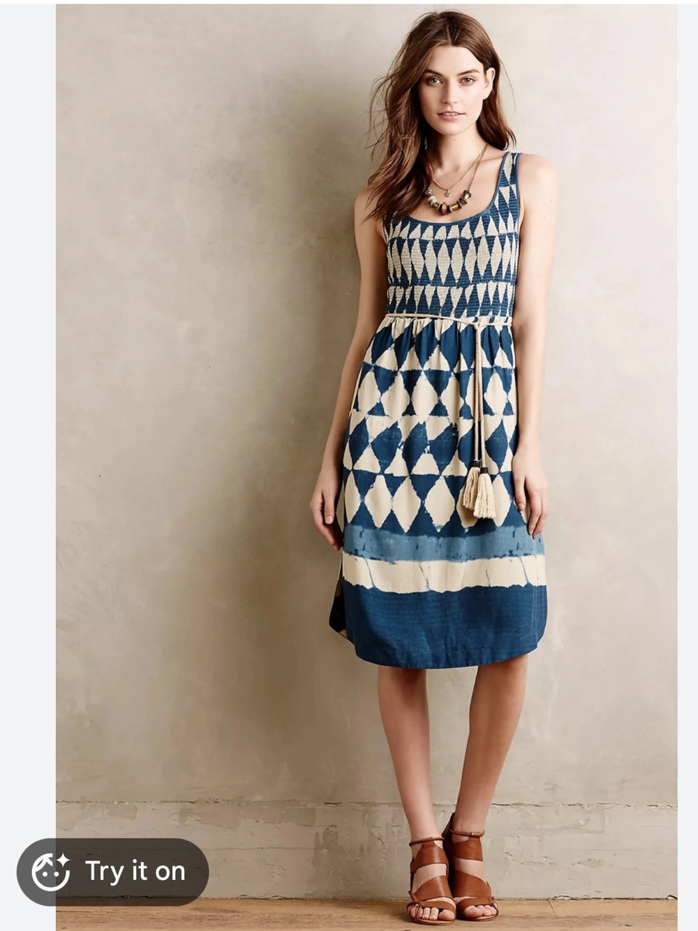 Women's Anthropologie Maeve Geometric Tribal Navy Cream Midi Dress Size 2 XS
